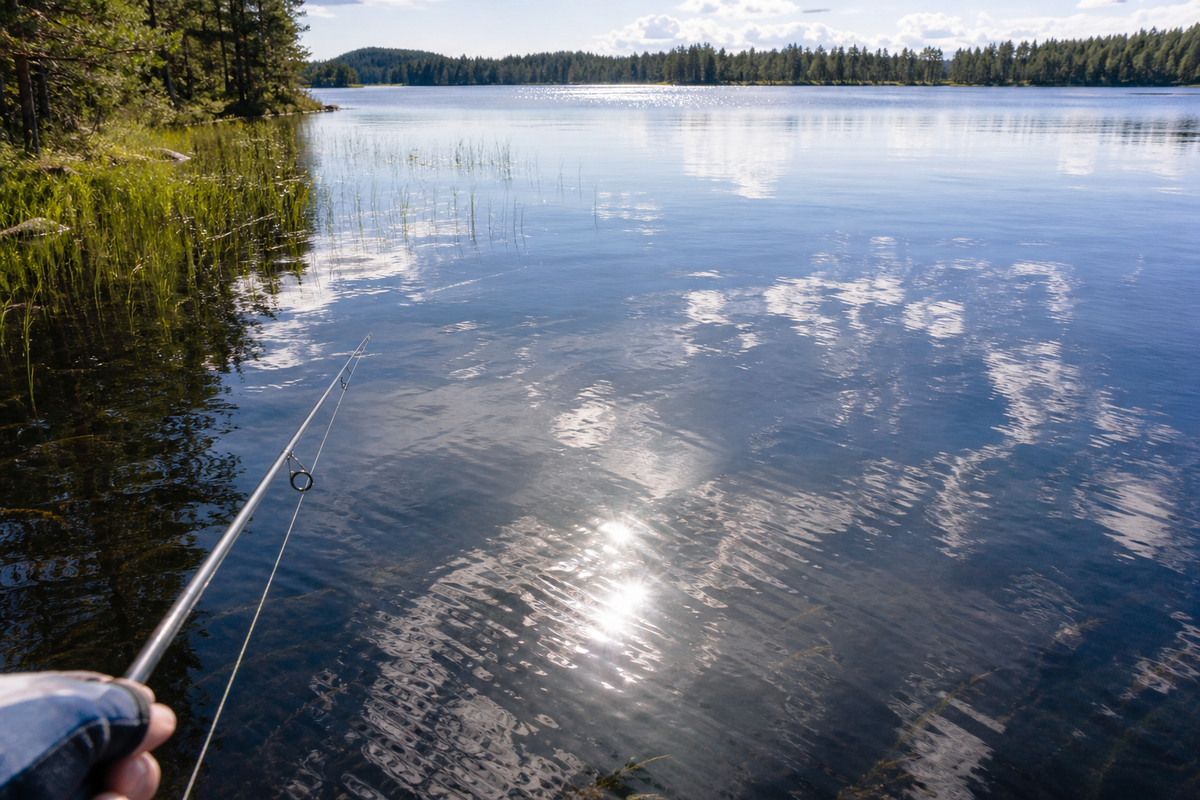 Sportfiskarens perspektiv över en skandinavisk sjö med tydliga naturliga ytreflexer